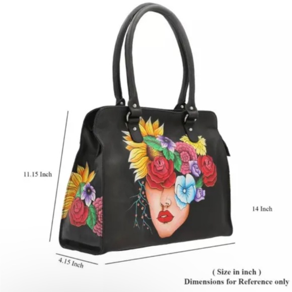 Sukriti Black 100% Genuine Leather Hand Painted Floral Face Shoulder Bag - Picture 4 of 5